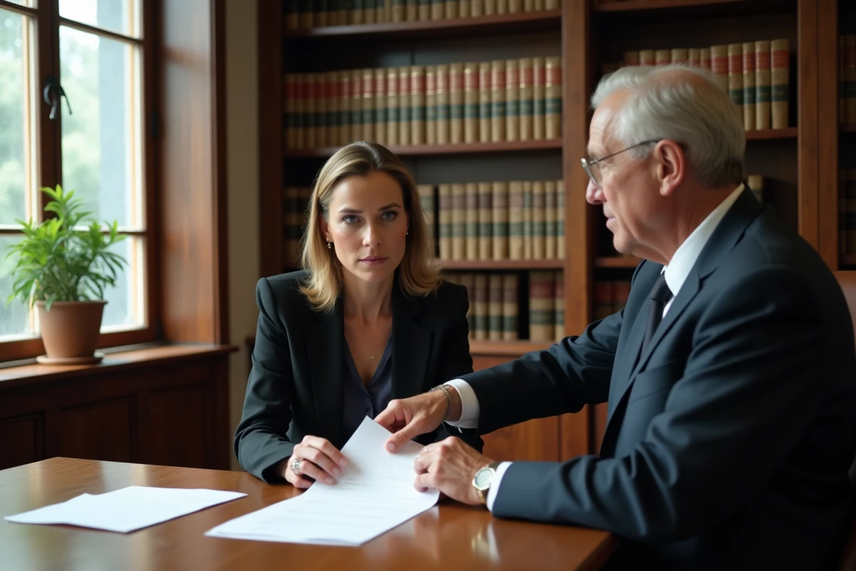 Notaire et cliente examinant un acte de succession ou de don manuel d'un bien immobilier lors d'une consultation juridique
