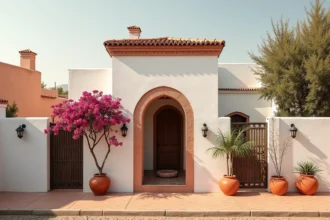 Petite villa traditionnelle marocaine à vendre à Marrakech avec portail en fer forgé et cour intérieure carrelée