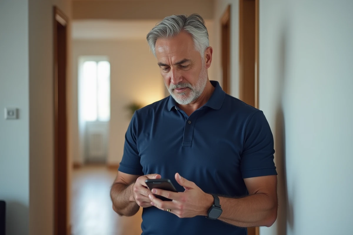 Propriétaire consultant une application de gestion locative sur smartphone dans le couloir d'un appartement