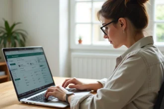 Propriétaire immobilière configurant les réglages de son logement sur un tableau de bord de réservation en ligne depuis son bureau à domicile