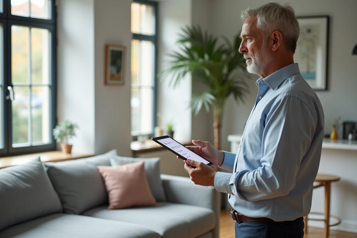 Propriétaire masculin debout dans son appartement meublé tenant une tablette pour configurer les disponibilités sur une plateforme de location