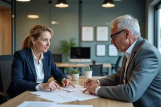 Conseillère bancaire et client examinant un dossier de rachat de PTZ dans une agence bancaire moderne