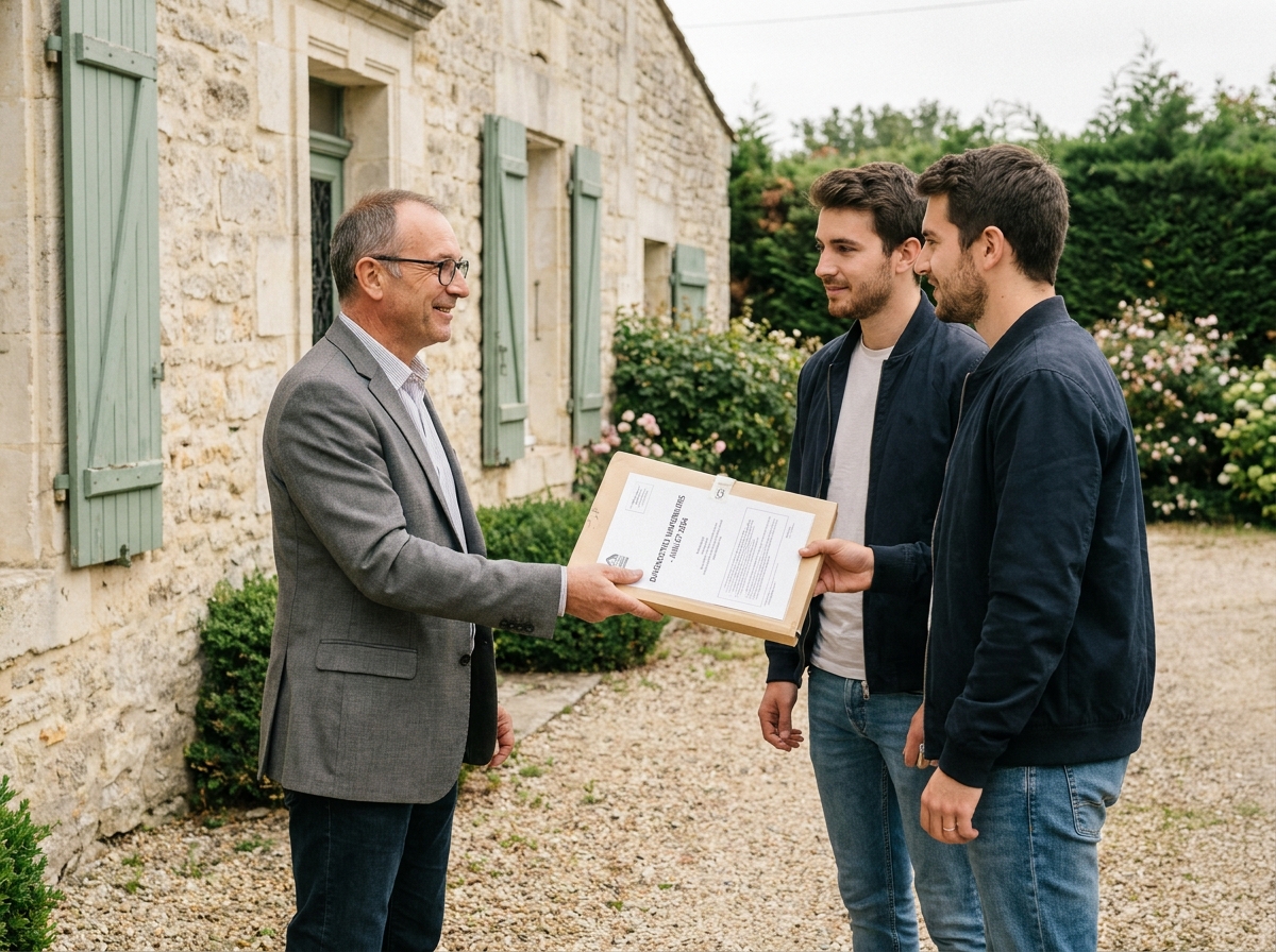 Agent immobilier remettant un dossier de diagnostics techniques à un couple devant une maison en pierre française avant la souscription d'une assurance