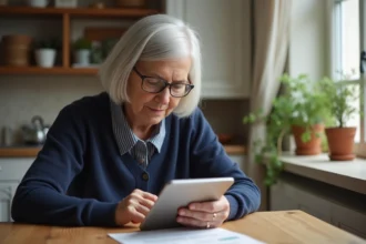 Senior femme aux cheveux argentés consultant ses documents Foncia sur une tablette à la cuisine
