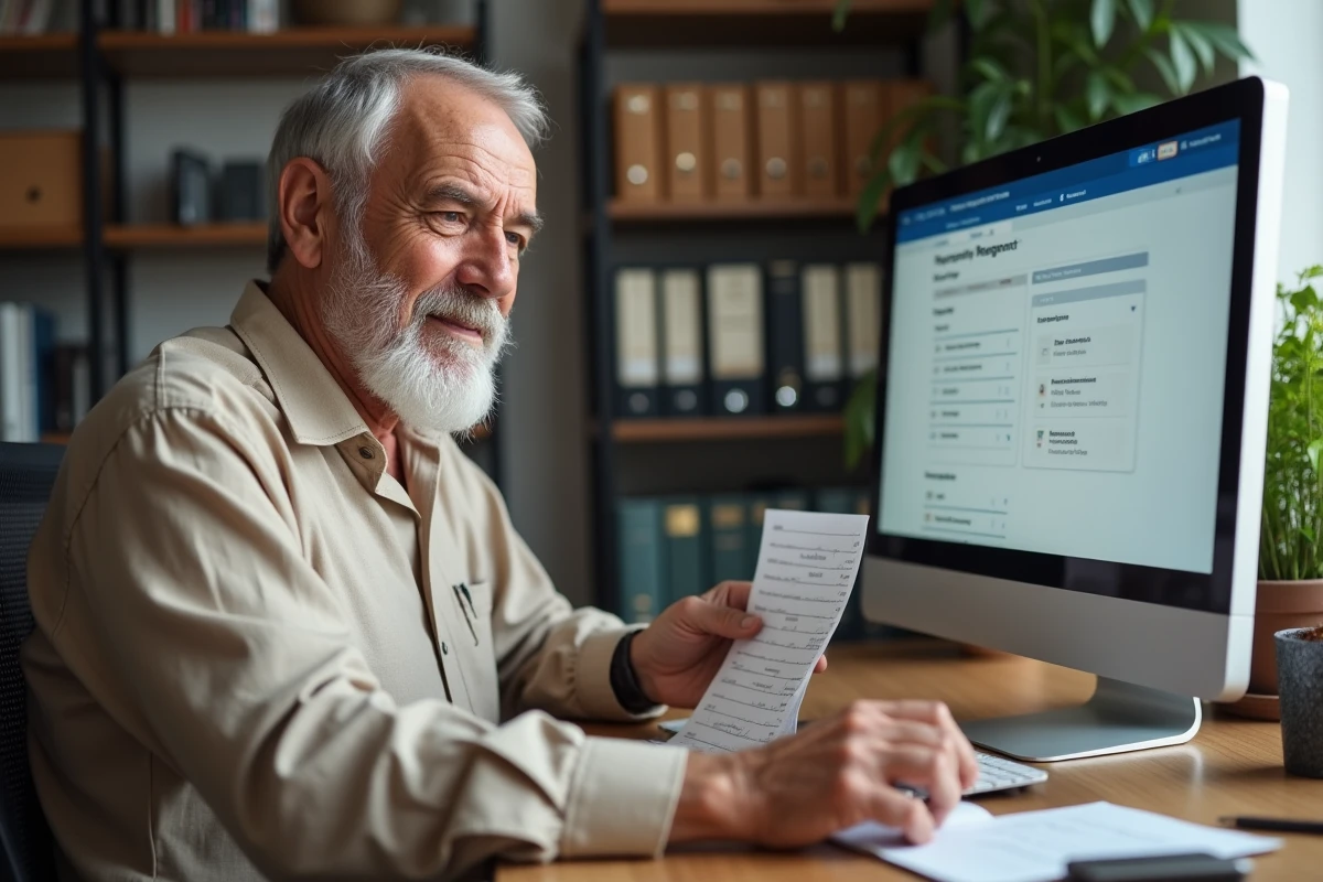 Senior homme consultant son espace client Foncia sur ordinateur de bureau à domicile