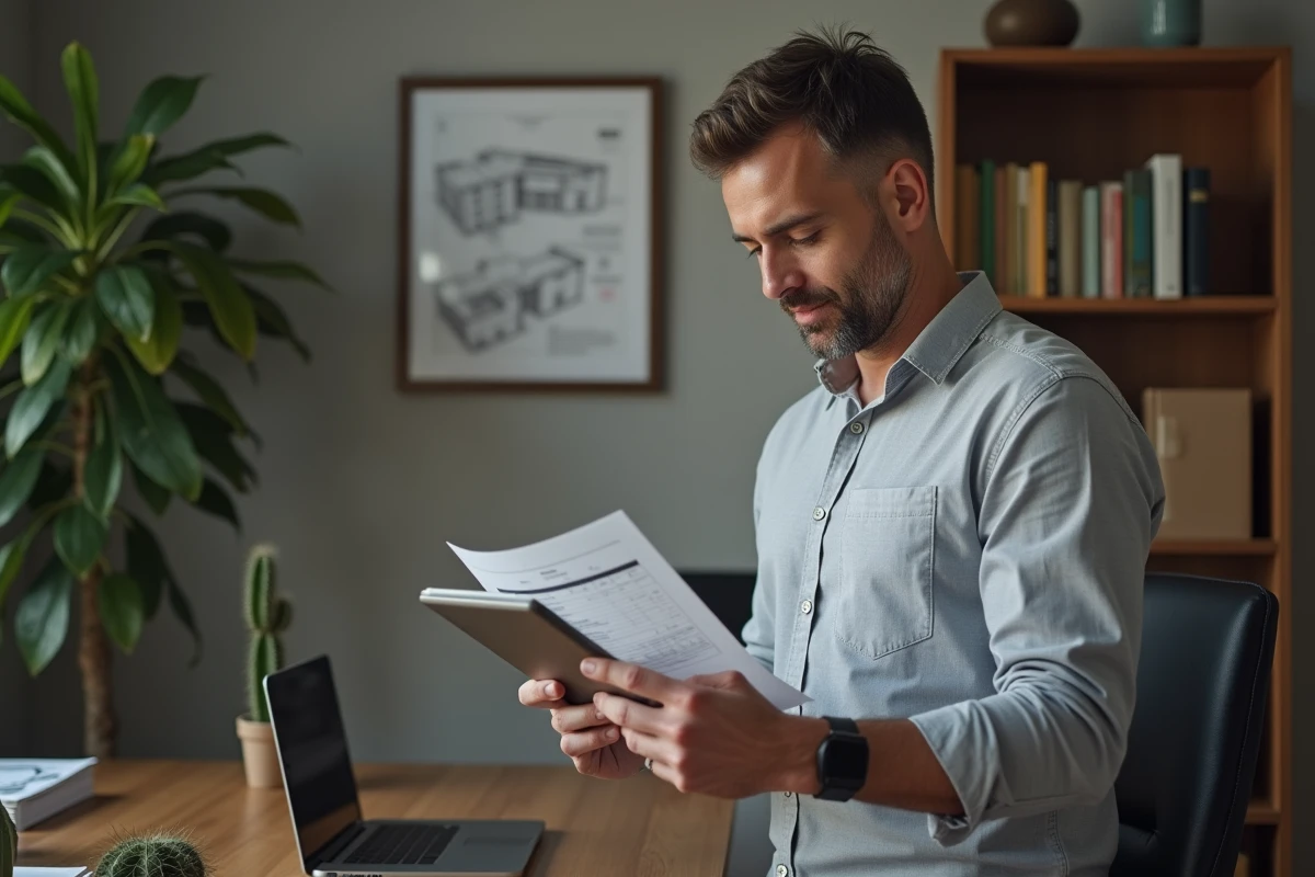 Homme consultant une simulation de rachat de PTZ sur tablette dans un bureau à domicile