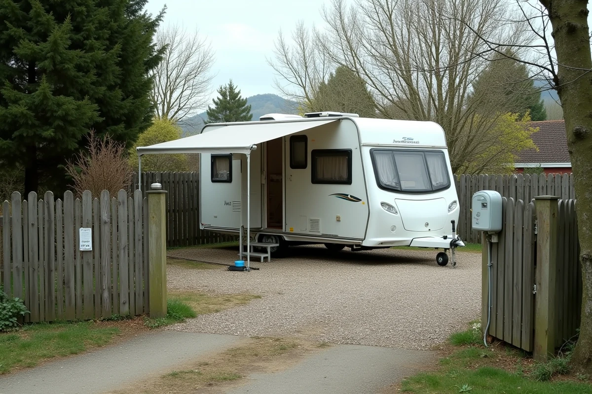 Terrain aménagé à louer pour caravane à l'année avec panneau de location, branchements eau et électricité visibles