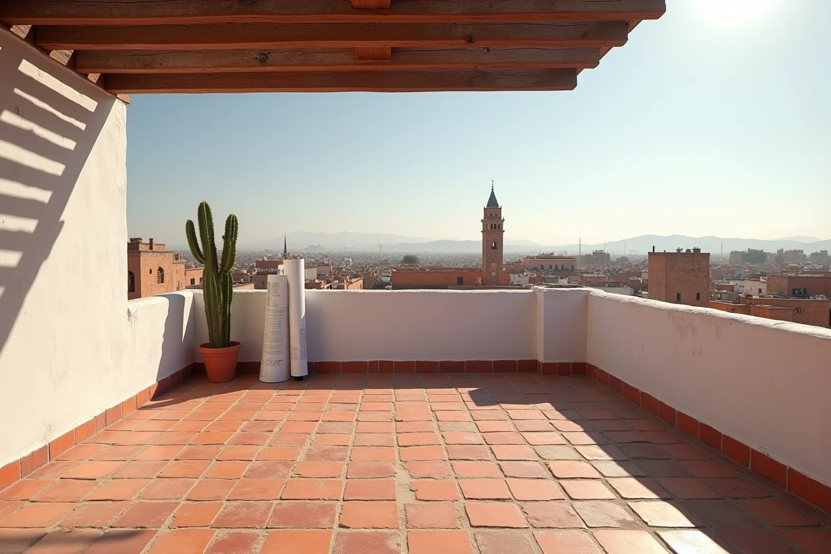 Terrasse d'un petit riad à rénover à Marrakech avec vue panoramique sur la médina et le minaret de la Koutoubia