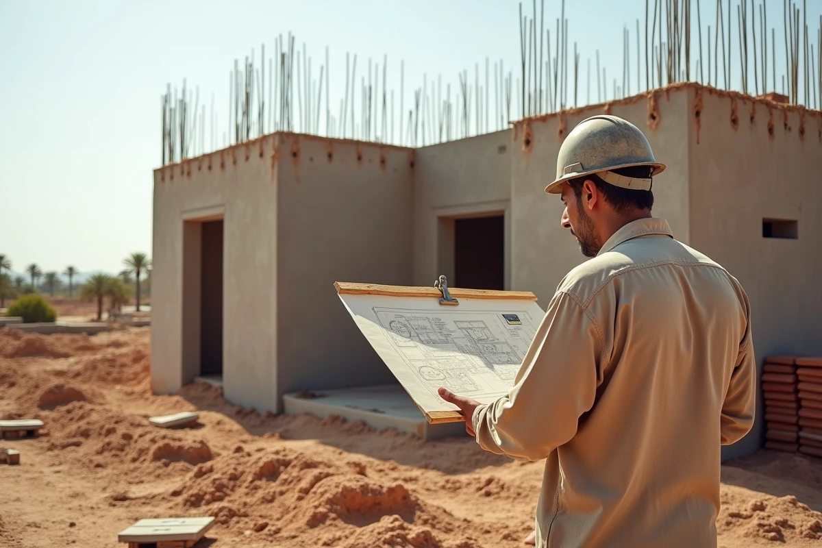 Chantier de construction d'une villa sur plan à Marrakech avec ouvrier consultant les plans architecturaux