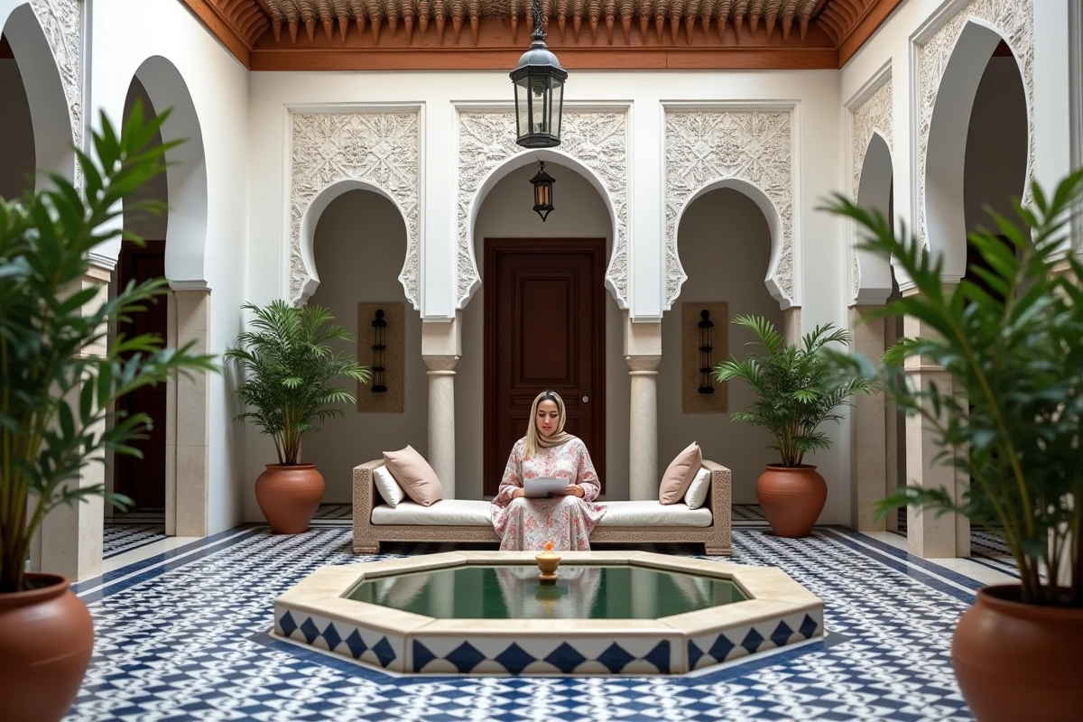 Patio intérieur d'une petite villa marocaine déjà construite à Marrakech avec zellige et fontaine centrale