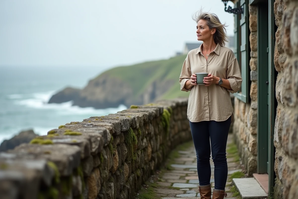 Femme contemplant l'achat d'une maison de pêcheur en Bretagne depuis la terrasse en pierre face à la mer