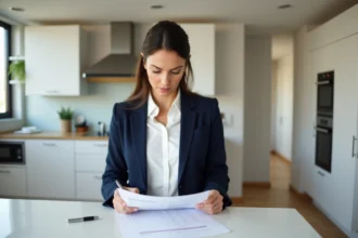 Agent immobilier féminine consultant une checklist d'évaluation de prix de vente dans un appartement moderne