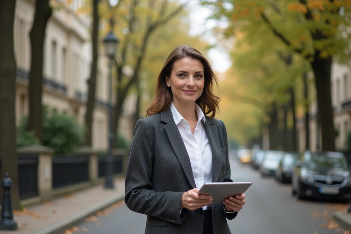 Agent immobilier présentant des annonces sur tablette dans une rue résidentielle de Maisons-Laffitte