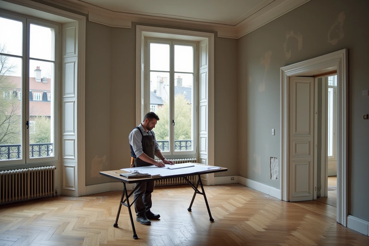 Intérieur d'un appartement bourgeois en rénovation avec parquet chevrons et vue sur les toits à Maisons-Laffitte