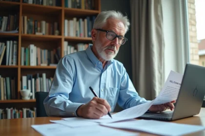 Bailleur consultant ses déclarations de loyers CAF sur des documents administratifs dans un bureau à domicile