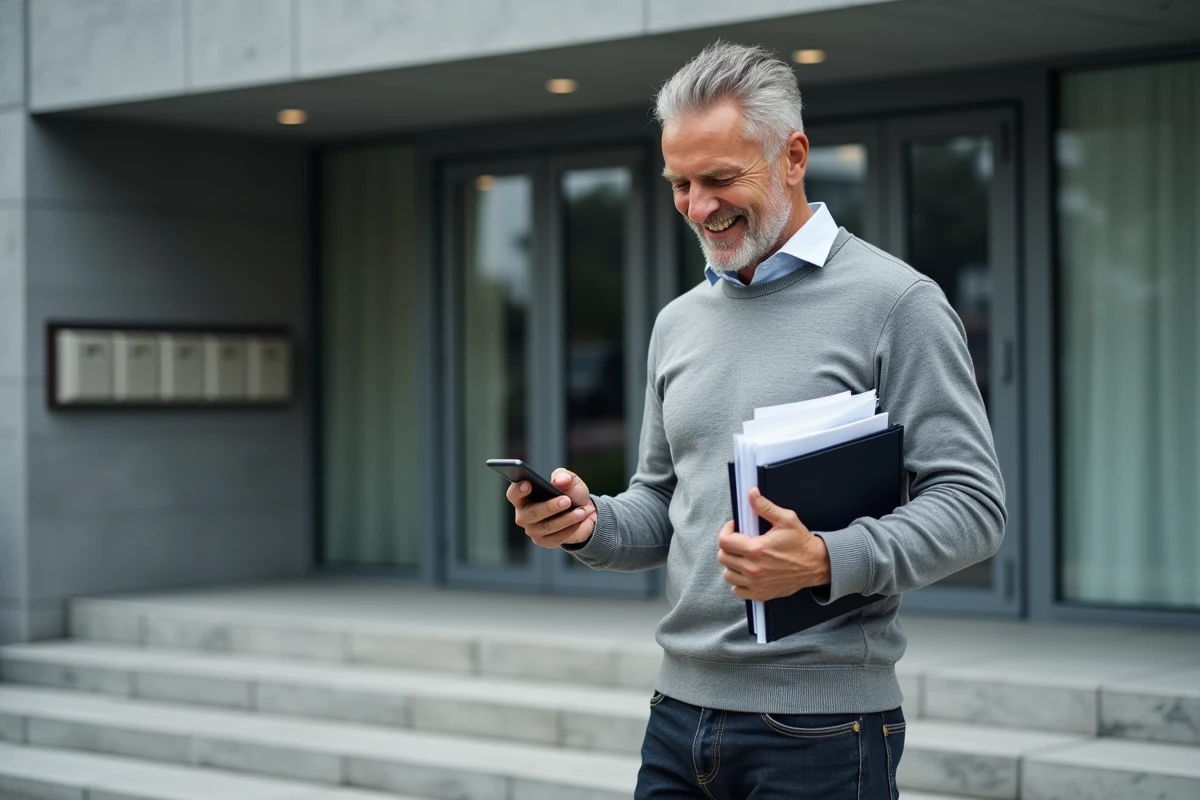 Locataire potentiel consultant son dossier devant un immeuble résidentiel moderne