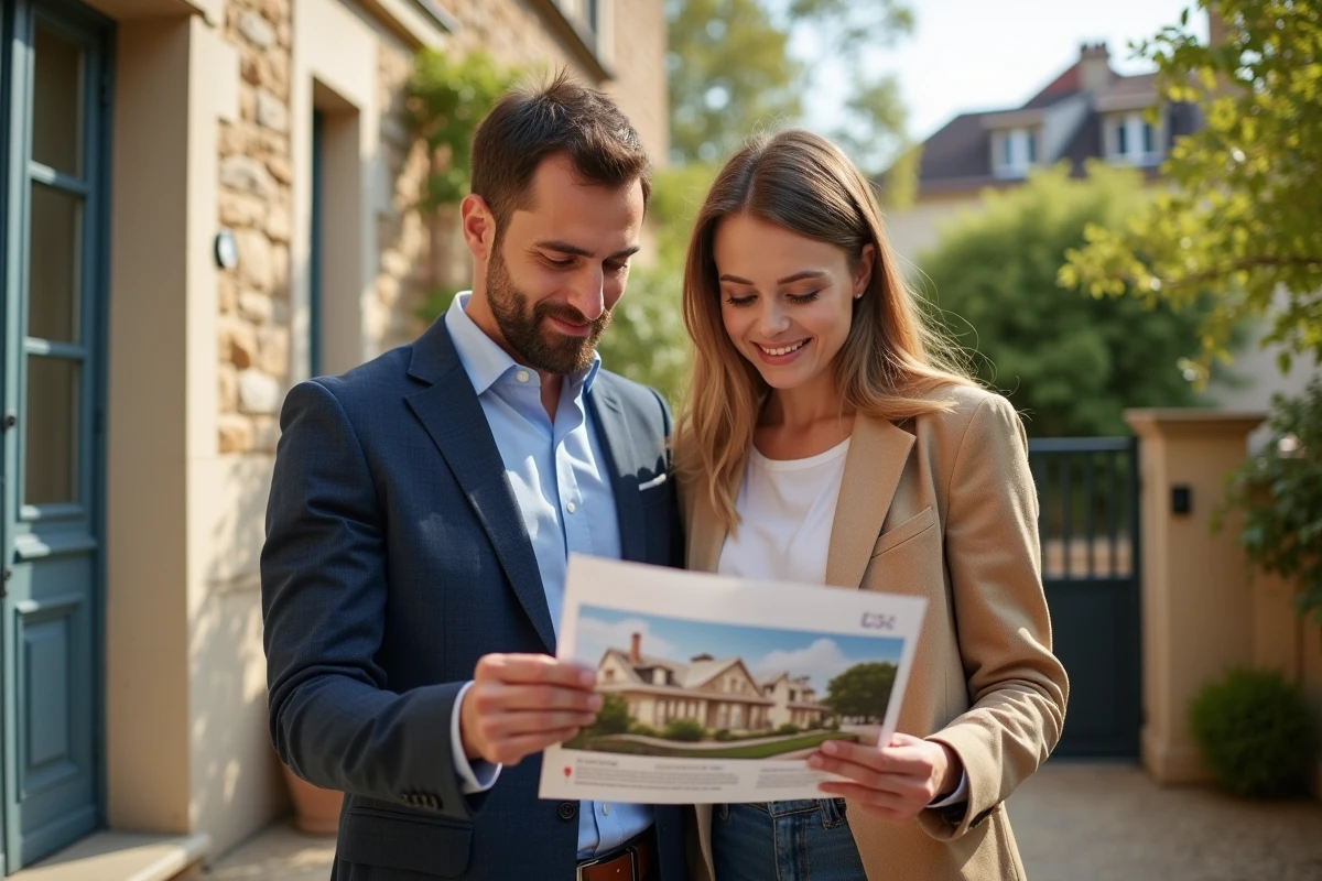 Couple examinant une brochure immobilière devant une maison en pierre à Maisons-Laffitte