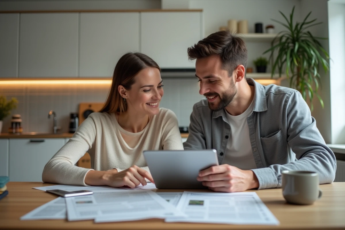 Couple de primo-investisseurs consultant un site immobilier en ligne ensemble dans leur appartement