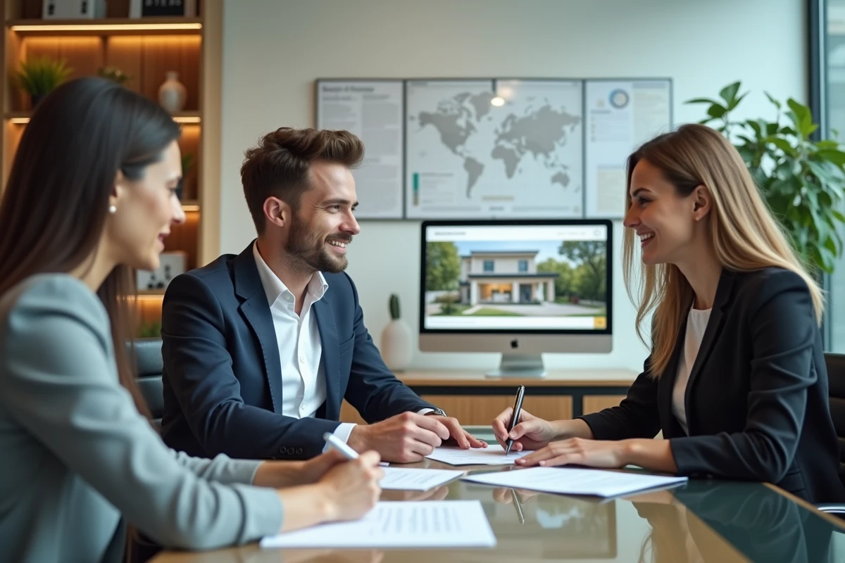 Couple remettant leur dossier de location complet à une agence immobilière