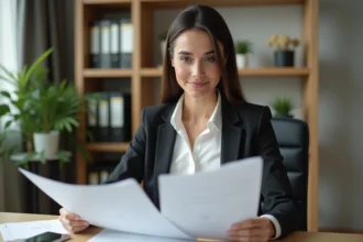 Femme professionnelle préparant un dossier de location solide à son bureau à domicile