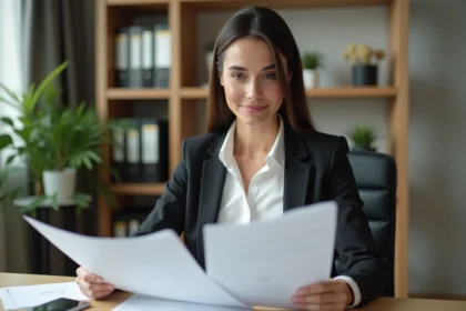 Femme professionnelle préparant un dossier de location solide à son bureau à domicile