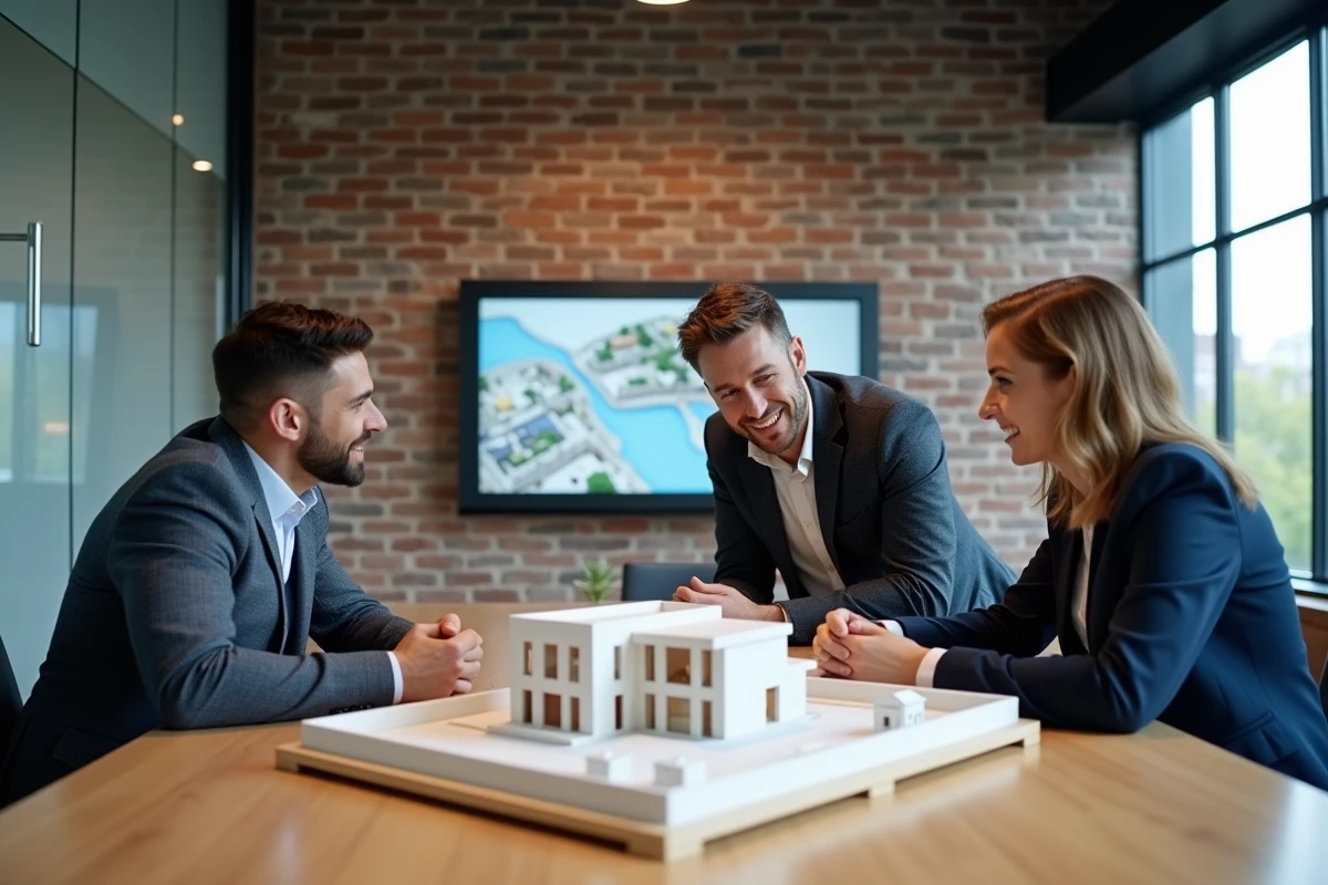 Équipe de professionnels immobiliers discutant autour d'une maquette de projet résidentiel lors d'une réunion d'investissement
