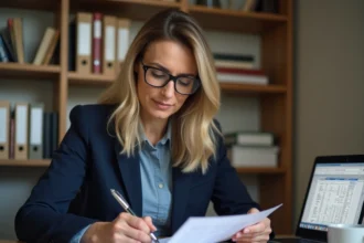 Gestionnaire de copropriété vérifiant une check-list de mise à jour du registre des copropriétaires à son bureau