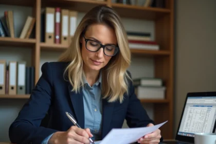 Gestionnaire de copropriété vérifiant une check-list de mise à jour du registre des copropriétaires à son bureau