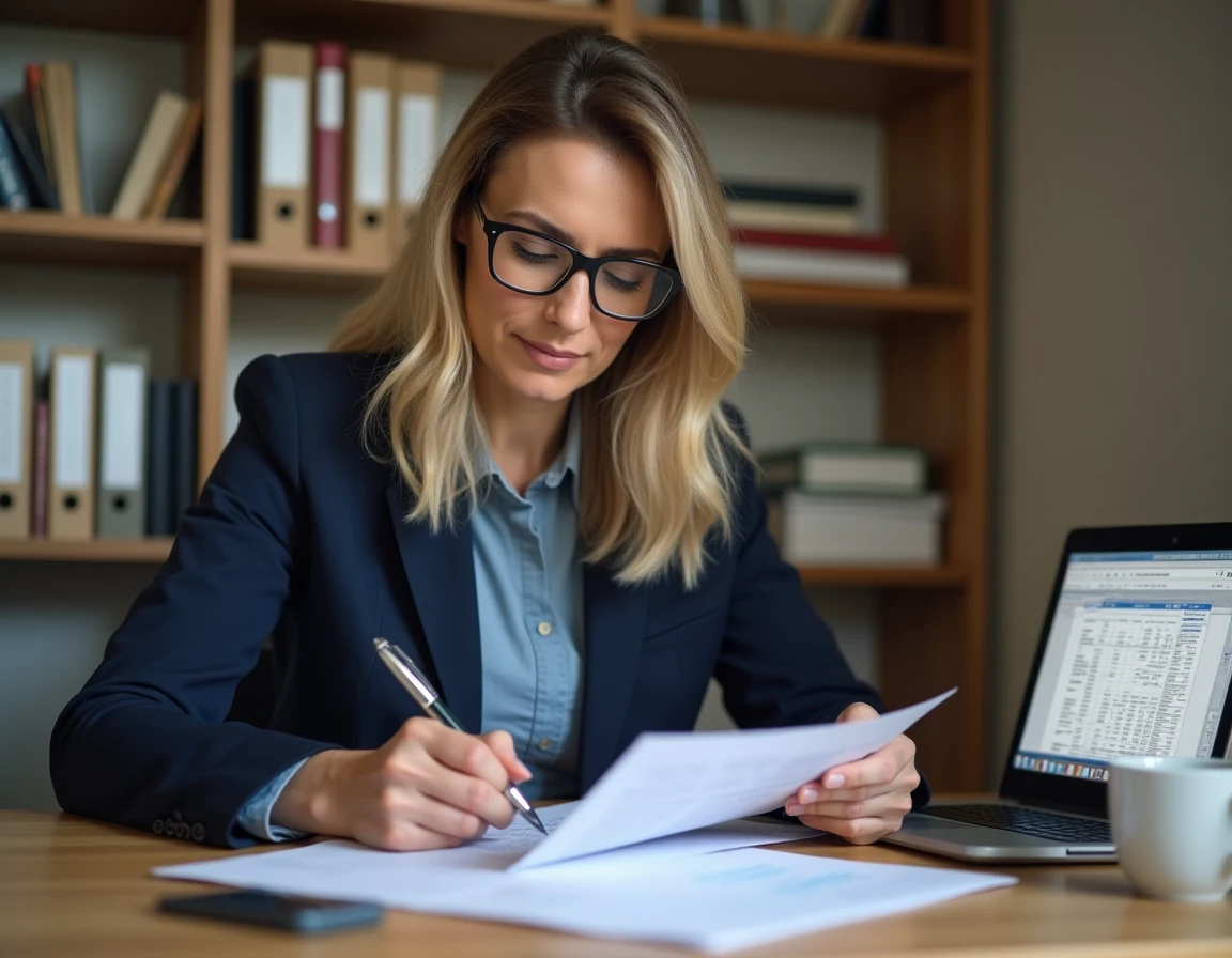 Gestionnaire de copropriété vérifiant une check-list de mise à jour du registre des copropriétaires à son bureau