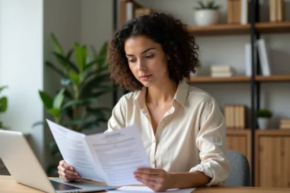 Femme hôte Airbnb consultant des documents juridiques de location à son bureau à domicile