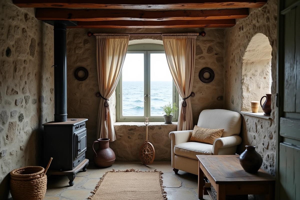 Intérieur rustique d'une maison de pêcheur bretonne avec poutres apparentes et poêle à bois