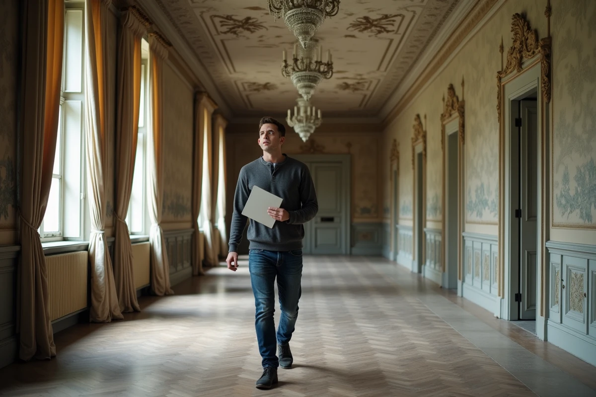 Couloir intérieur d'un manoir abandonné avec parquet gondolé et papier peint décollé, homme inspectant les lieux pour un projet de chambres d'hôtes