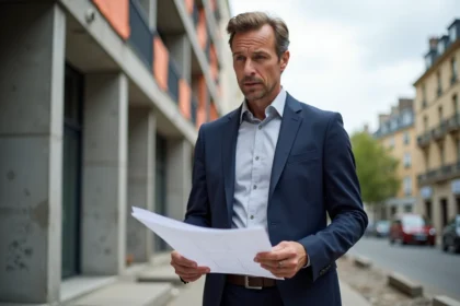 Investisseur immobilier masculin analysant des plans architecturaux devant un immeuble en construction dans une ville française