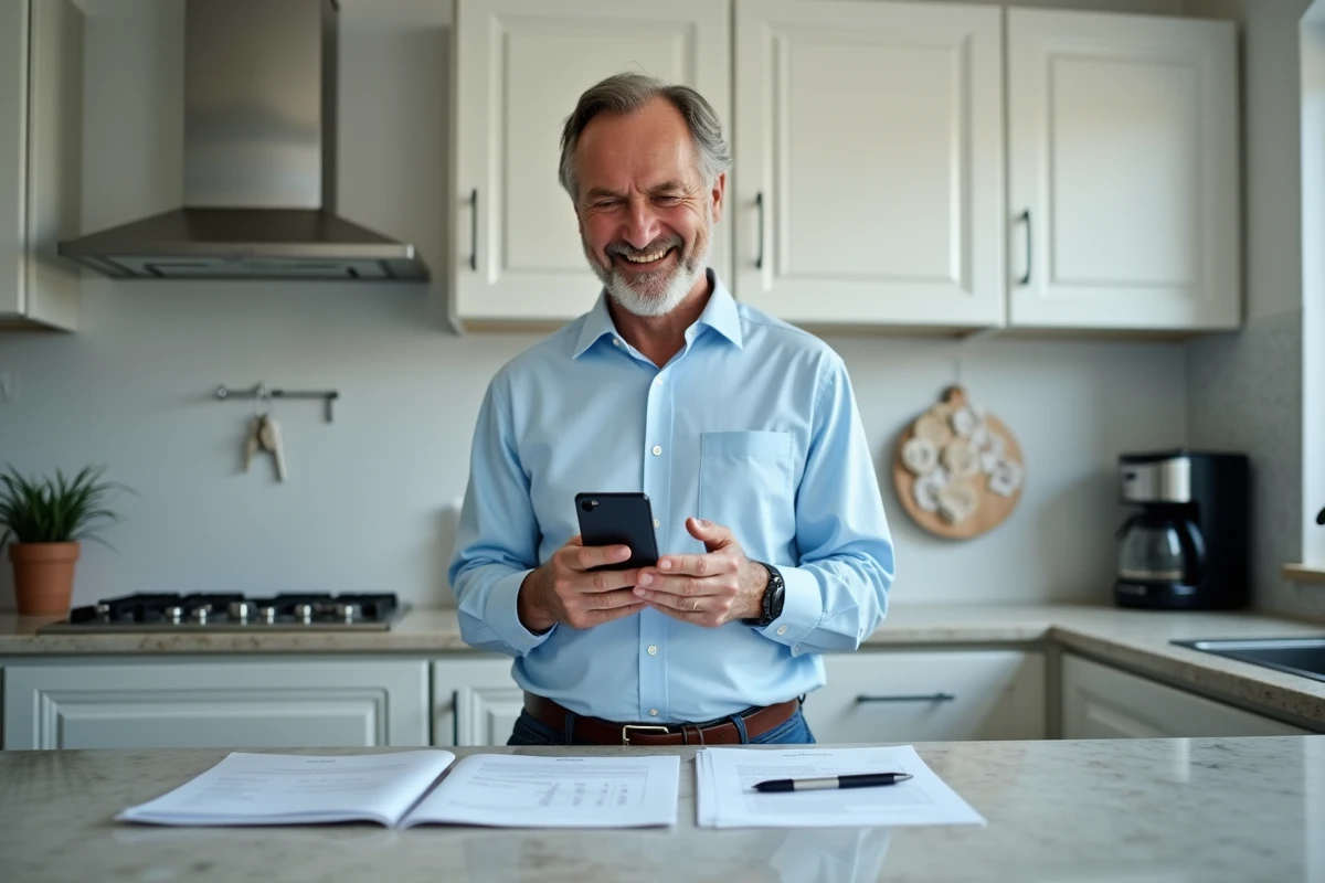 Locataire masculin consultant ses documents de location sur smartphone dans sa cuisine