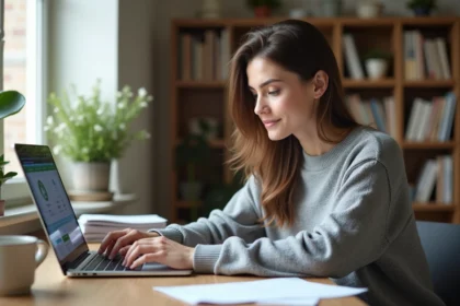 Femme locataire consultant son espace MyFoncia sur un ordinateur portable depuis son bureau à domicile