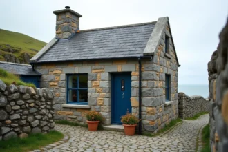 Maison de pêcheur bretonne en pierre avec volets bleus à vendre, vue extérieure avec vue sur la mer