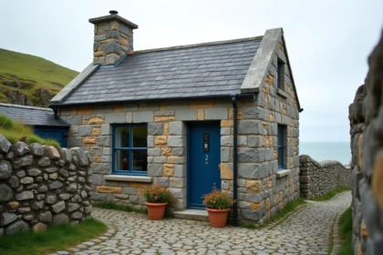 Maison de pêcheur bretonne en pierre avec volets bleus à vendre, vue extérieure avec vue sur la mer