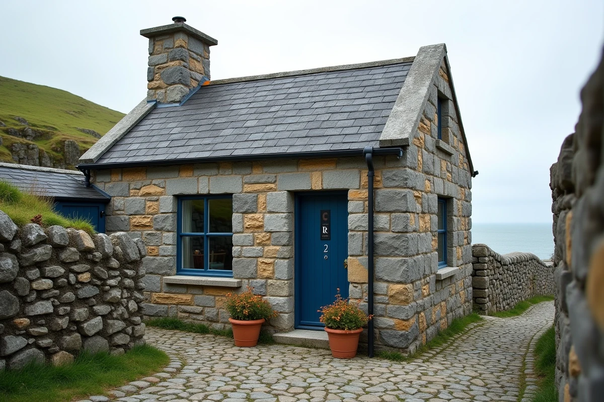 Maison de pêcheur bretonne en pierre avec volets bleus à vendre, vue extérieure avec vue sur la mer