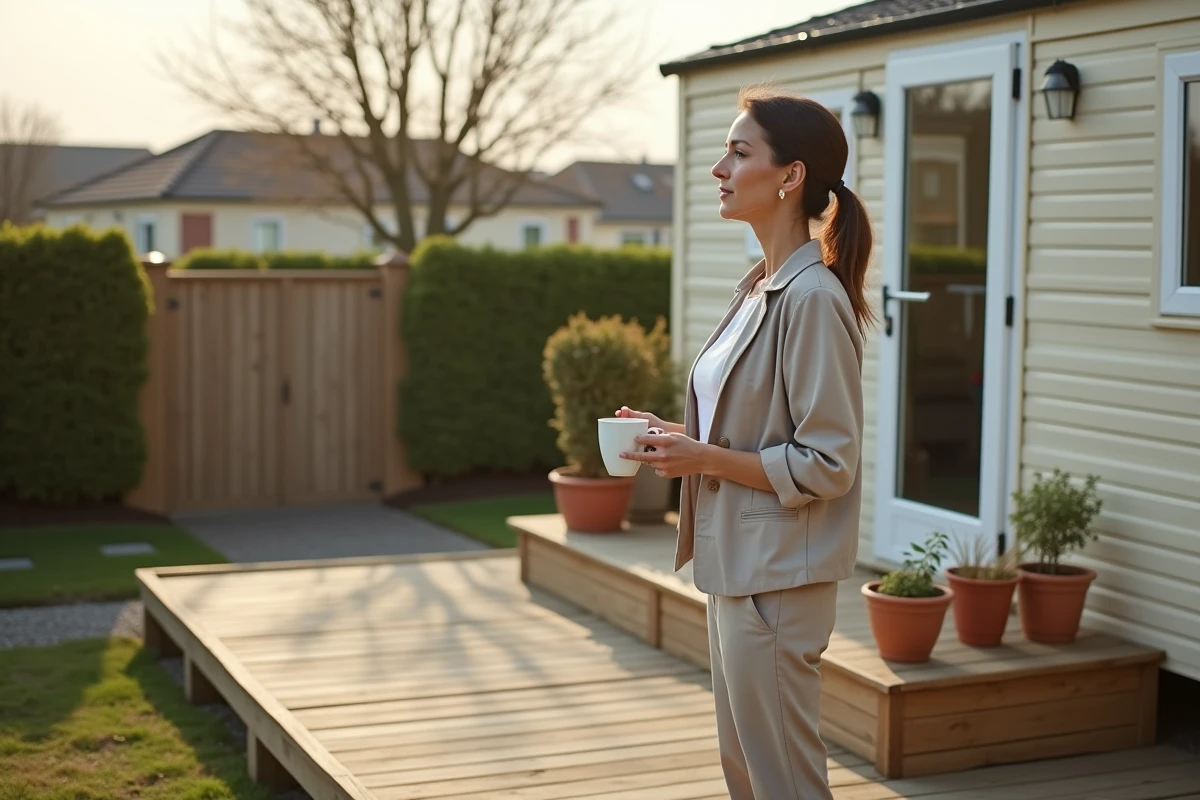 Femme sur la terrasse d'un mobil home installé sur un terrain privé en périphérie résidentielle