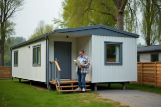 Homme examinant des documents devant un mobil home installé sur un terrain privé en zone rurale