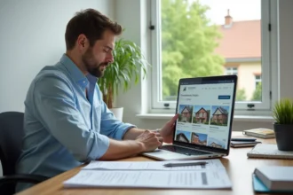 Jeune investisseur immobilier analysant des annonces sur un portail immobilier en ligne depuis son bureau à domicile