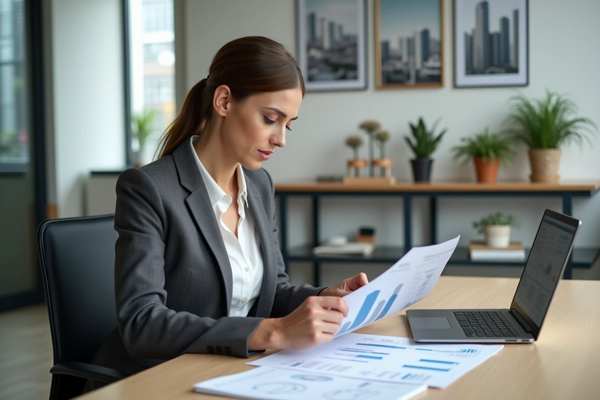 Professionnelle de l'immobilier analysant des données d'investissement dans un bureau moderne avec vue sur la ville