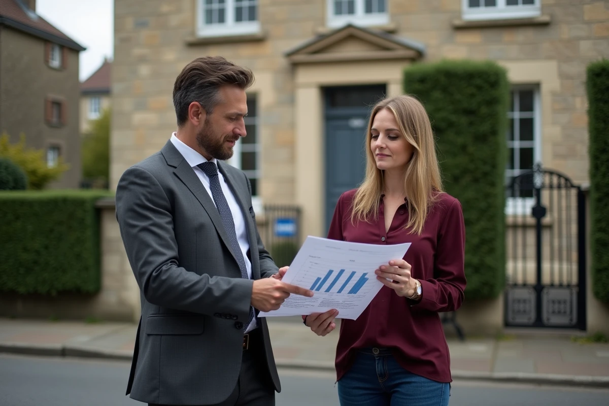 Deux professionnels de l'immobilier analysant une évaluation de prix devant une maison à vendre