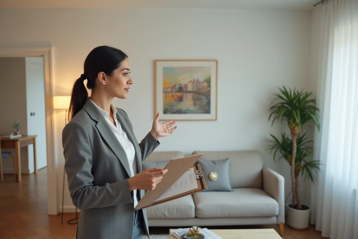 Propriétaire bailleresse dans un appartement meublé en location présentant les détails du logement pour une déclaration CAF