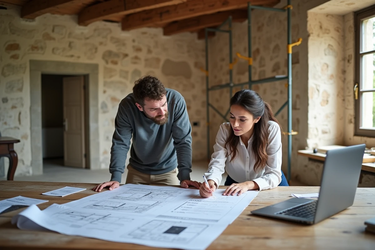 Deux personnes planifiant la rénovation d'un manoir abandonné autour de plans architecturaux, projet de gîte ou chambres d'hôtes