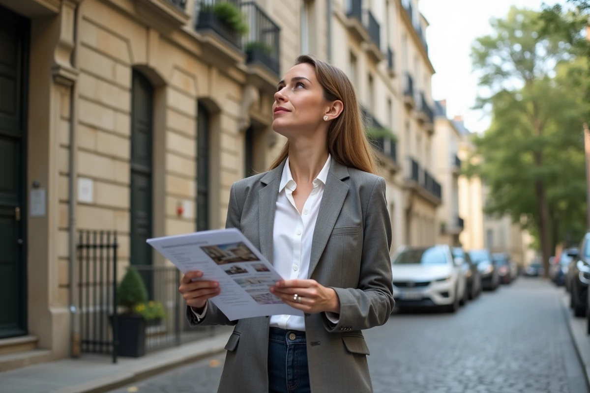 Femme étudiant une résidence en pierre lors d'une visite immobilière dans une ville française