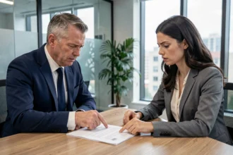 Un acheteur immobilier découvrant une clause suspecte dans un contrat de vente face à une agent immobilière dans une agence moderne