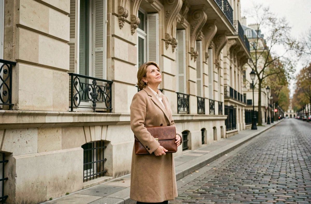 Femme investisseur devant un immeuble haussmannien pour l'achat d'un viager libre en région parisienne