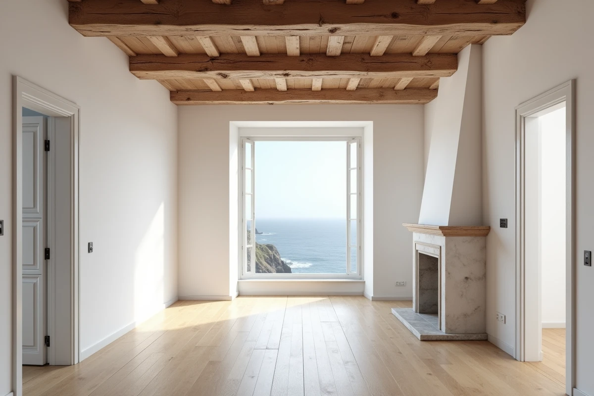 Intérieur d'un appartement rénové en Normandie avec vue mer et poutres apparentes