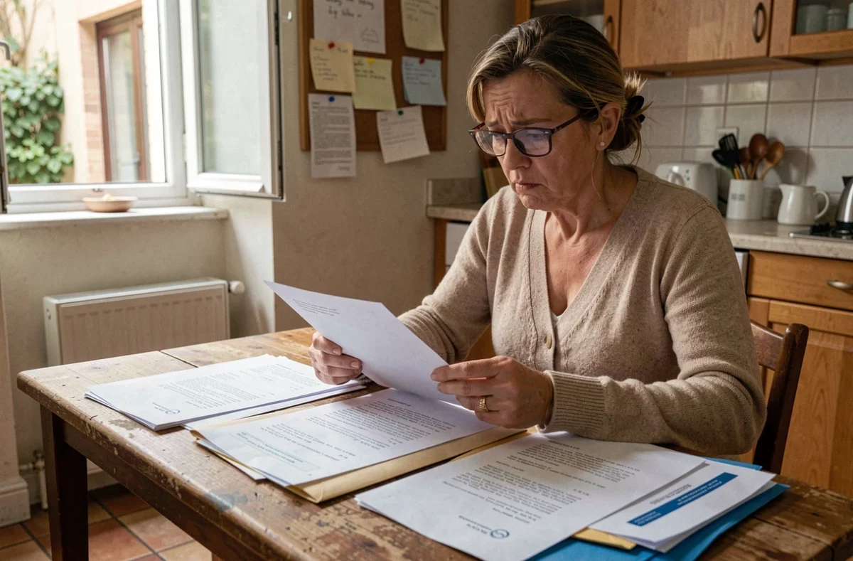 Femme inquiète consultant des documents administratifs HLM à la table de sa cuisine en attendant une réponse après visite d'appartement social